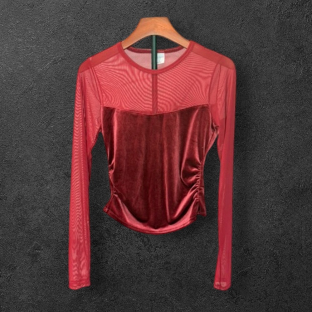 Wild Fable Red Mesh Velvet Long Sleeve Top Size S NWT Y2K Holiday - Picture 2 of 5